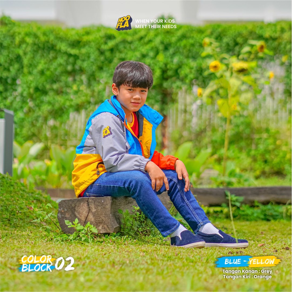 Hooflakids - Jaket Anak Hangat Windproof Tahan Angin Umur 6 sampai 12 Tahun Laki laki Bahan Parasut Waterproof Tebal Desain Color Block