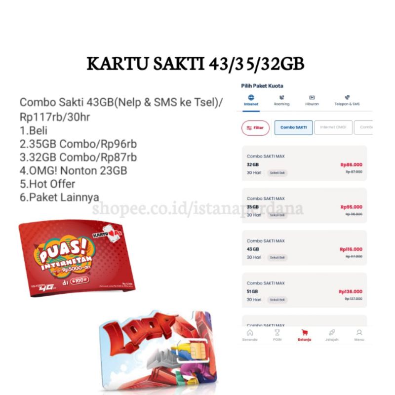 KARTU SAKTI TELKOMSEL COMBO SAKTI 43GB 35GB 32GB KARTU AS/KARTU LOOP