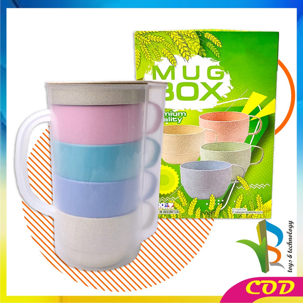 RB-C457 Teko Air Set Cangkir Gelas Wadah Plastik 4IN1 Ceret Air Dingin Wheat Straw Food Grade BPA Free