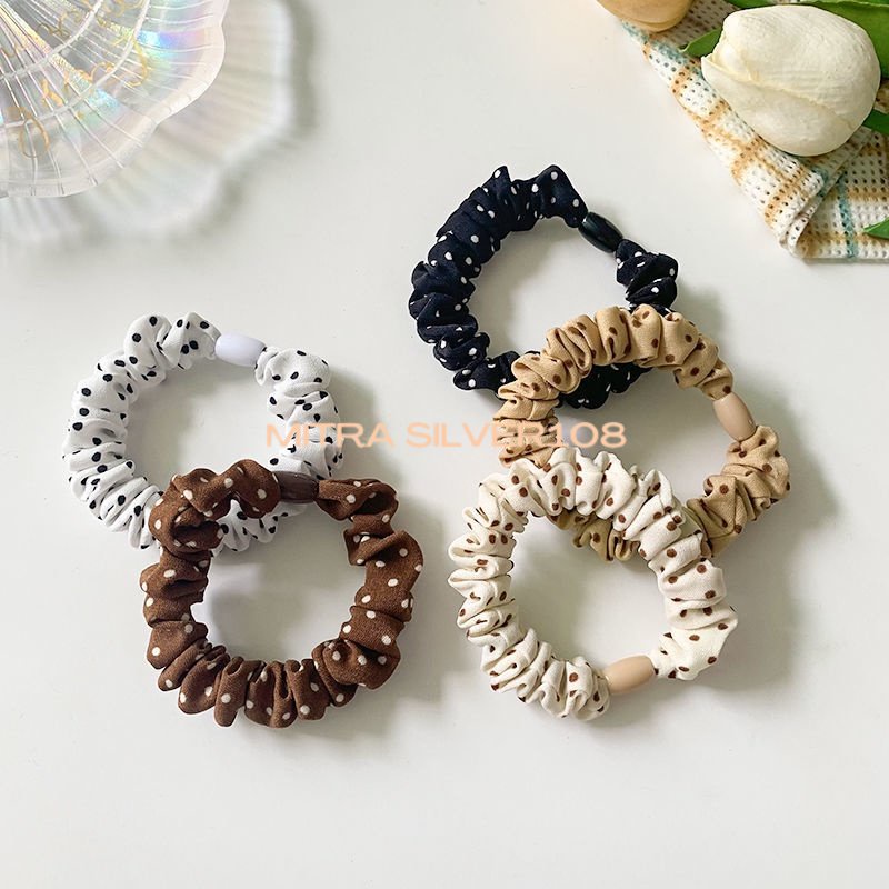 [MS108] KCR 04 - Ikat Rambut Motif Polkadot (per 1 PCS/Satuan) / Scrunchie Kekinian / Karet Rambut Aksesoris / Cepol Rambut / Ikat Rambut Gulungan Handuk Satin Sutra Nyaman Dan Elastis Impor Murah / Fashion Korea