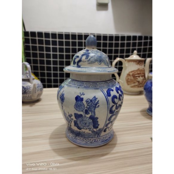 Guci Tochi Keramik Cina Motif Burung Kuno Jadul Antik