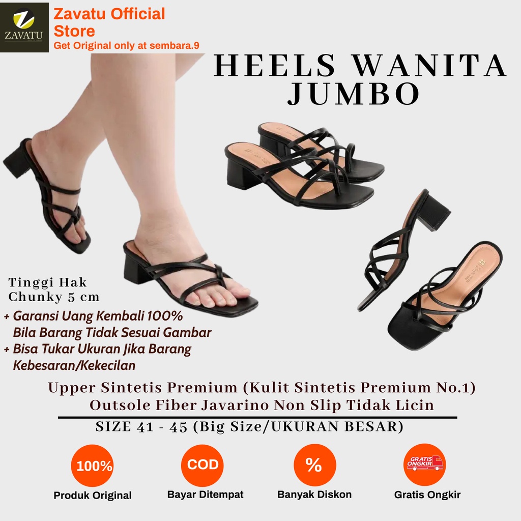 Zavatu Sandal Heels Tali Big Size Jumbo Wanita Model Hak Tahu Chunky Tipe ZVT 148 Hitam Ukuran Size 