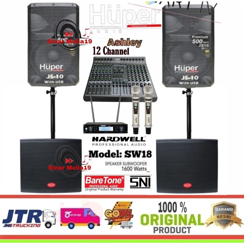 Paket Sound System Speaker HUPER JS10 Subwoofer 2 Buah BareTone SW18"18 Original Mixer Ashley MDX-12 Mic Wireless Hardwell CLX-1