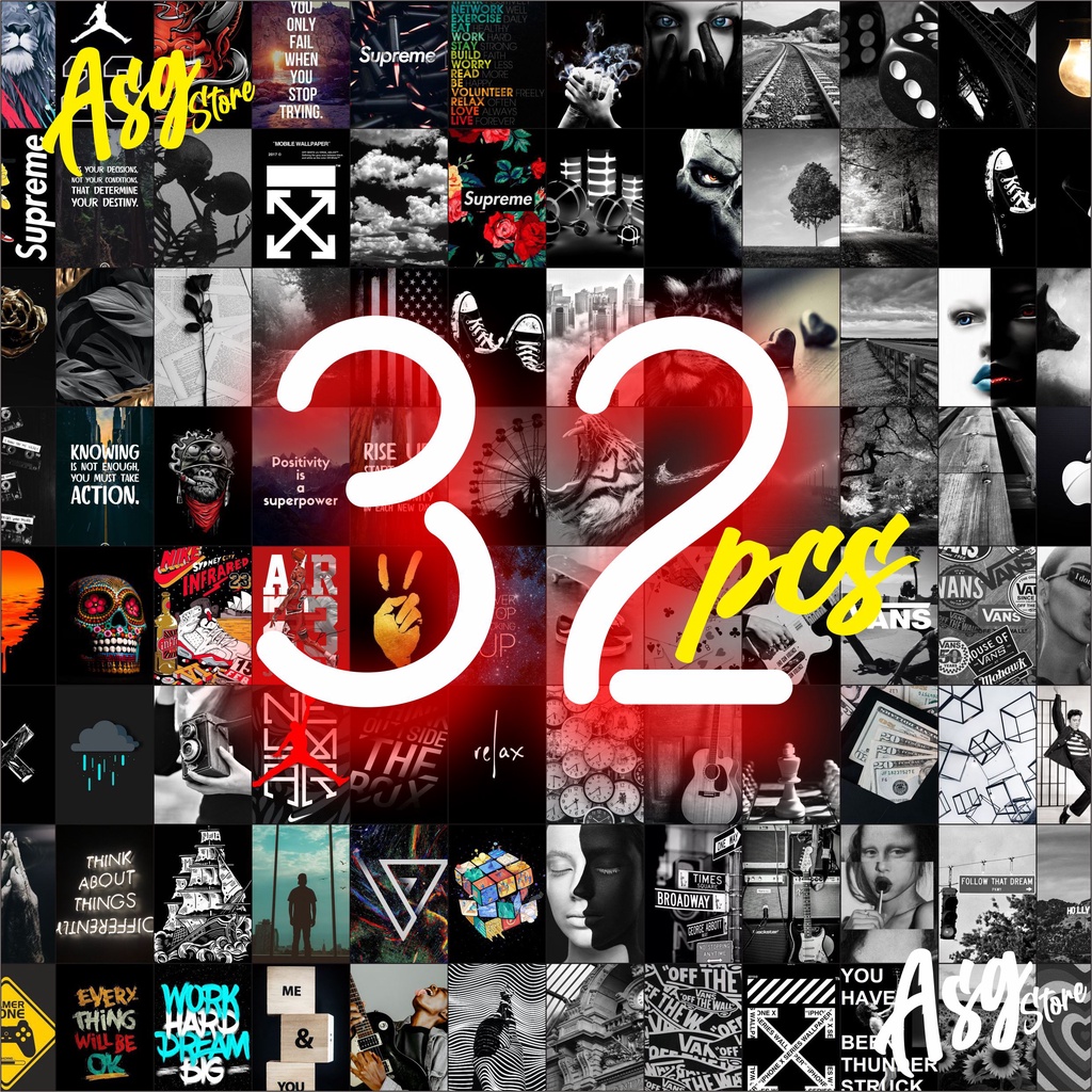Poster Dinding Aesthetic Tema Seri Black isi 32pcs Dekorasi Kamar Cowok