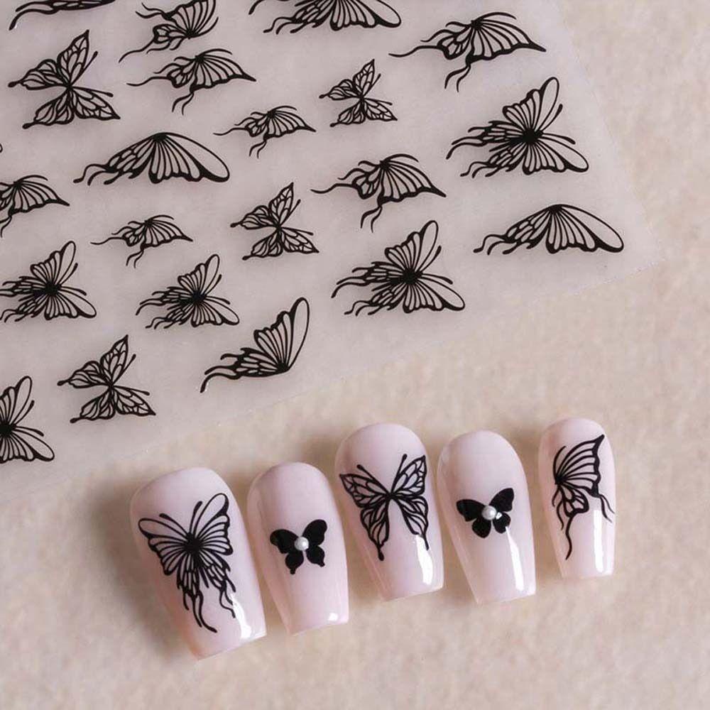 AUGUSTINA Agustina Butterfly Stiker Kuku Tangan Dicat Kupu-Kupu Korea Perekat Diri Hitam Putih Berongga Butterfly Nail Art Dekorasi