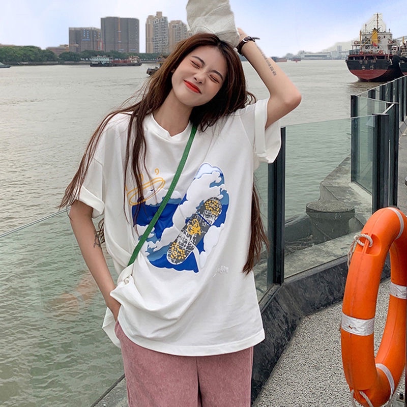 AMBER Kaos Atasan Wanita Lengan Pendek Oversize Printed T-shirt Baju Wanita Kekinian Korean Style