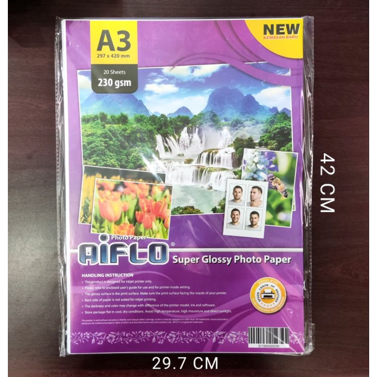 

AIFLO KERTAS PHOTO SUPER GLOSSY A3 230GSM 20 SHEETS