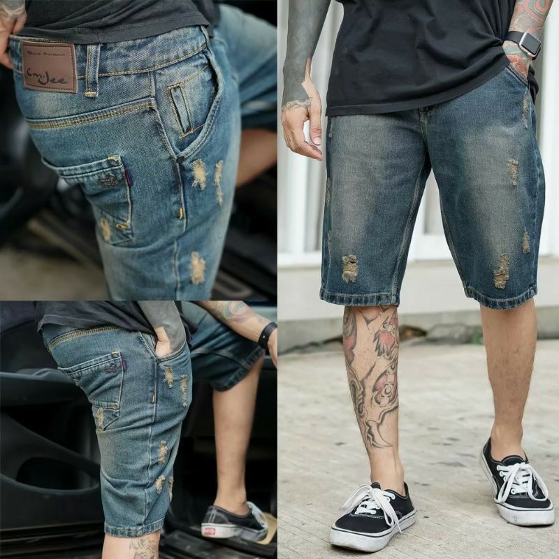 Celana Jeans Ripped Pendek Cmjee Pria Denim Premium