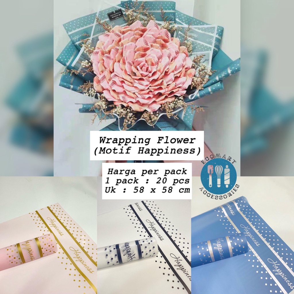 20 pcs Flower Wrapping Bouquket Motif Happiness/Kertas Buket Bunga Anti Air