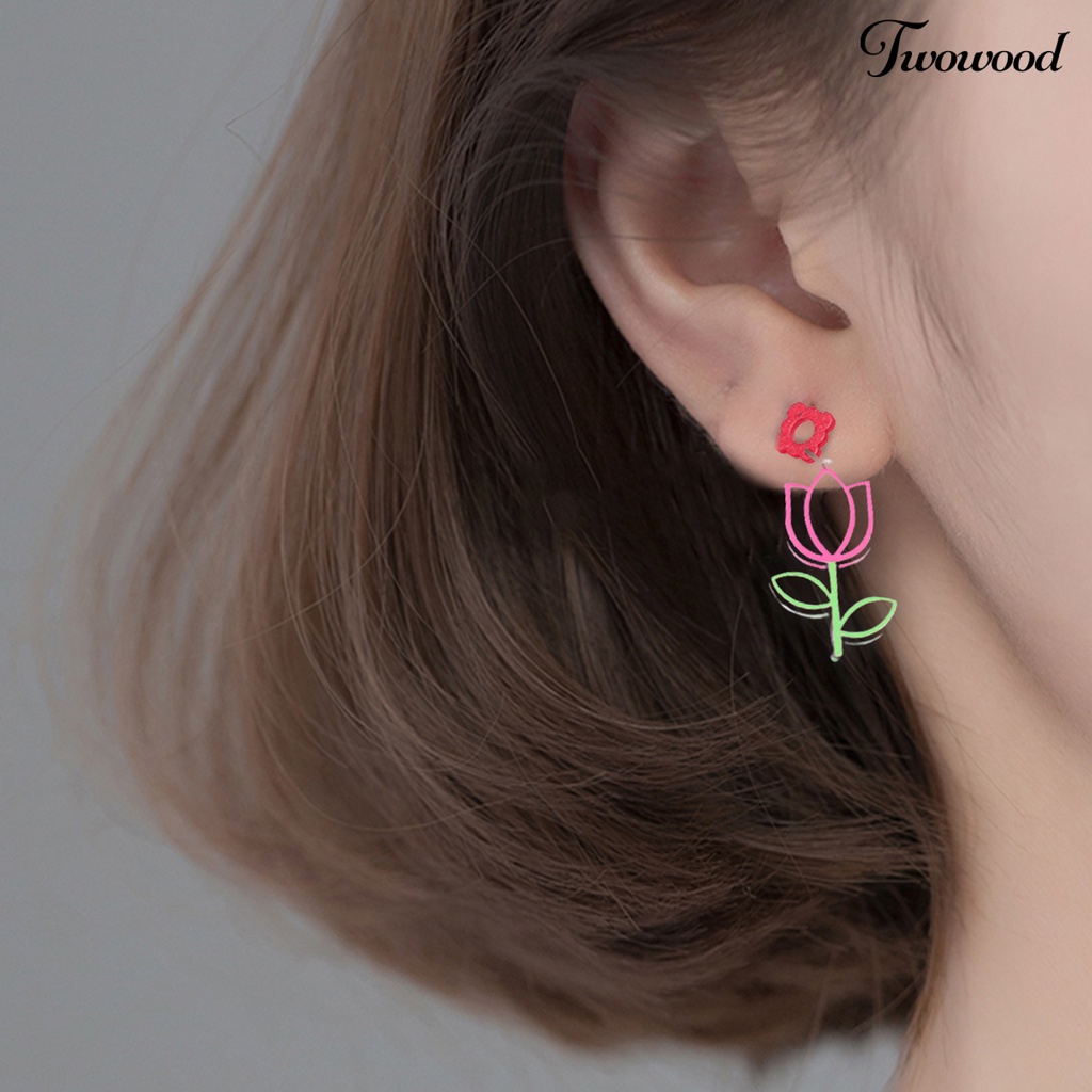 1 Pasang Anting Stud Desain Kartun Bunga Plum Bentuk Persegi Model Hollow Out Untuk Harian