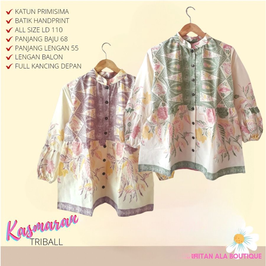 PREMIUM Blus Triball Kasmaran Batik Motif Bunga Sarung Atasan Kerja Gading Warna Soft Kamala Tribal Lengan Balon Karet Casual Busui Full Kancing Kondangan Rempel Kekinian