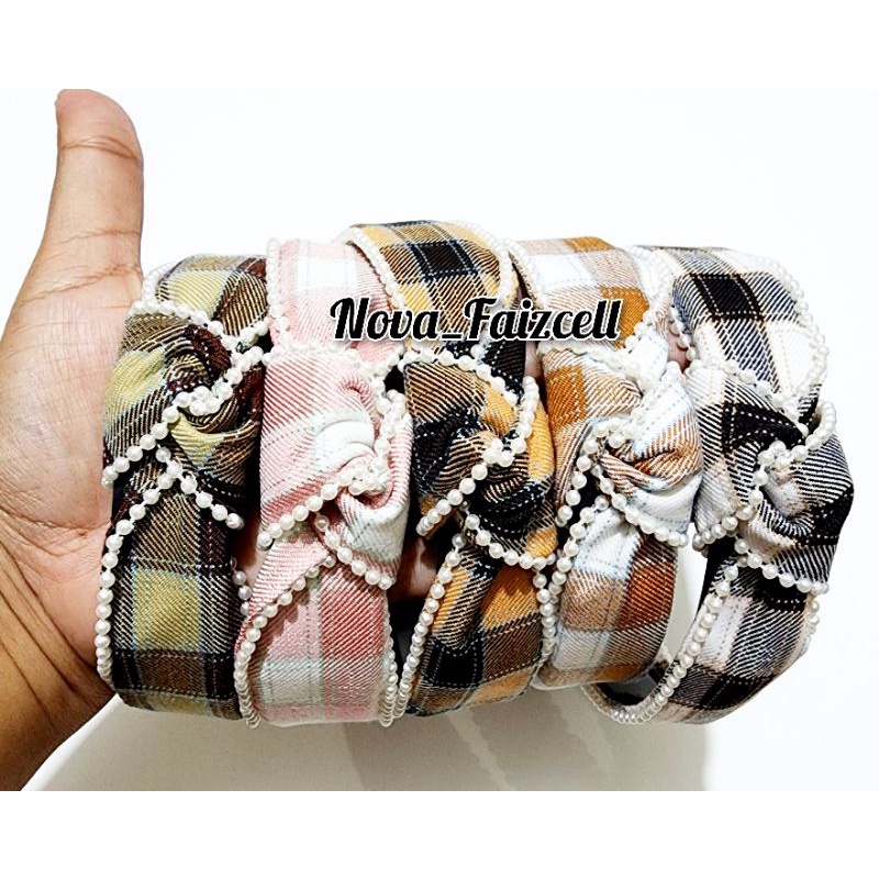 Bando Rambut Kotak -Kotak Mutiara Dewasa Premium Import Bandana Korea