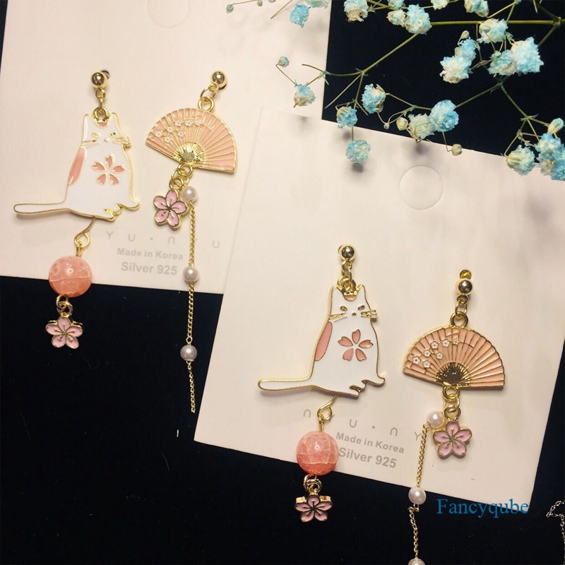 Fancyqube Anting Tusuk Gantung Wanita Desain Bulan Bintang Kucing Kelinci Balon Asimetris Gaya Korea