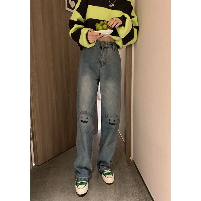 Seri garam bordir smiley jeans wanita 2022 musim semi baru high street longgar lurus tabung tipis mahasiswa celana lebar kaki