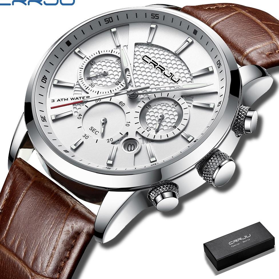PROMO CRRJU Leather Quartz Watch Sport Waterproof Date Chronograph Jam Tangan Pria ❅ 894