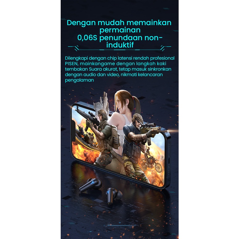 pisen Mata Ares TWS Bluetooth earphone Gaming headset Suara Game Khusus Fidelity insulasi suara dan pengurangan kebisingan