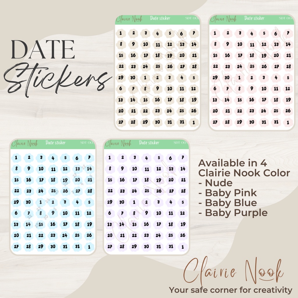 

Clairie Nook Date Sticker Label Warna / Dekorasi Bullet Journal