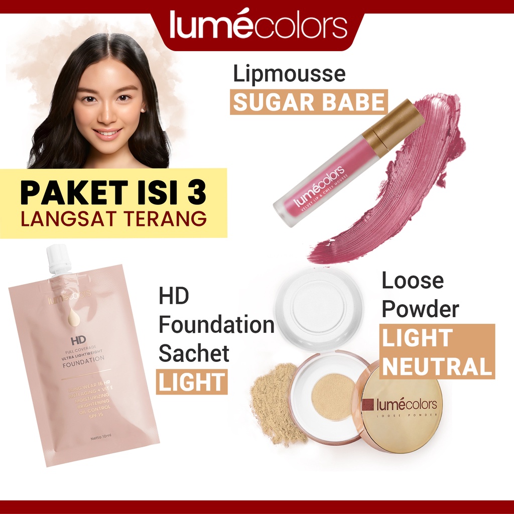 (Free Emas 24K) Lumecolors Paket Bundling 3in1 Simple Base Loose Powder + Sachet Foundation 10ml + Lipmousse