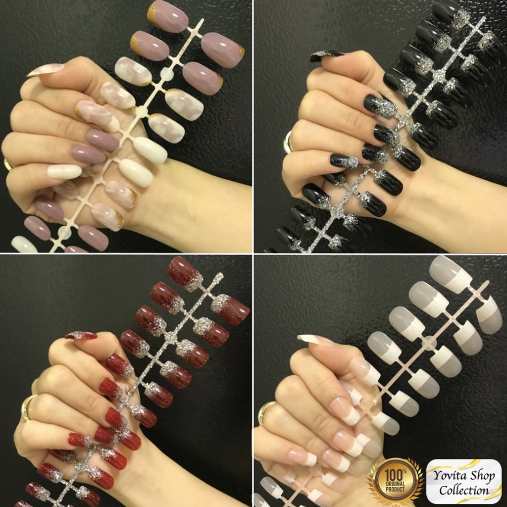 24Pcs Kuku Palsu Murah Motif / Fake Nails Motif Gliter Glossy Nude / Nail Art Kuku Palsu