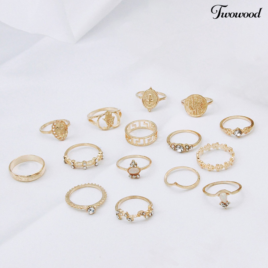 15 Pcs Cincin Knuckle Stackable Bahan Alloy Bentuk Hati Model Hollow