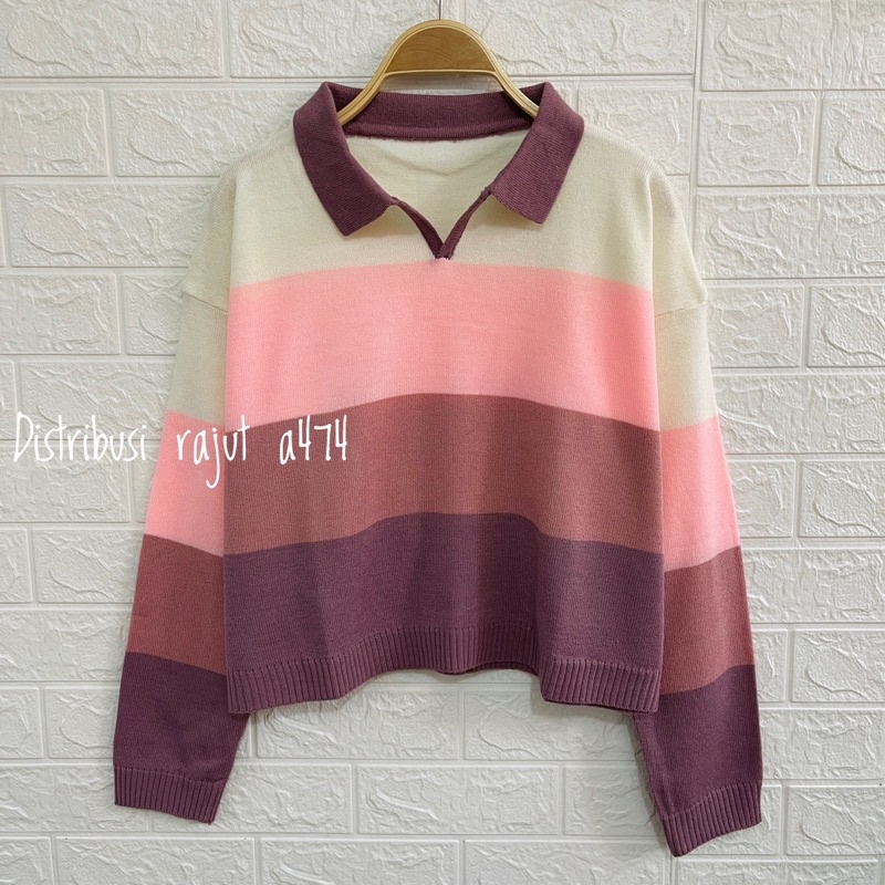 Moana~Atasan rajut berkerah polo//Blouse Wanita Motif Pelangi //sweater rajut korean aesthetic