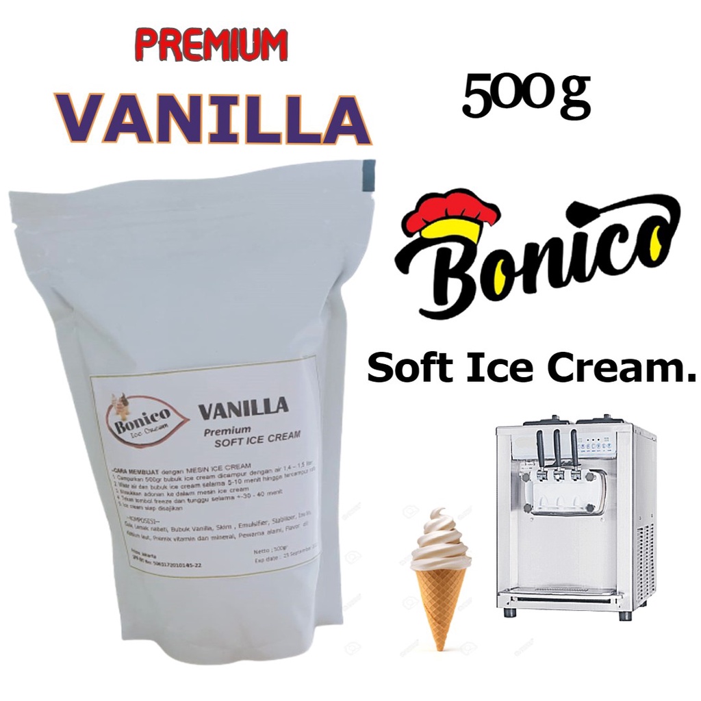 

BONICO VANILLA SOFT ICE CREAM POWDER 500gr PREMIUM serbuk bubuk tepung es krim instan VANILA utk Resto dan Cafe Cone Ice cream softmix soft serve Halal distributor produsen Grosir