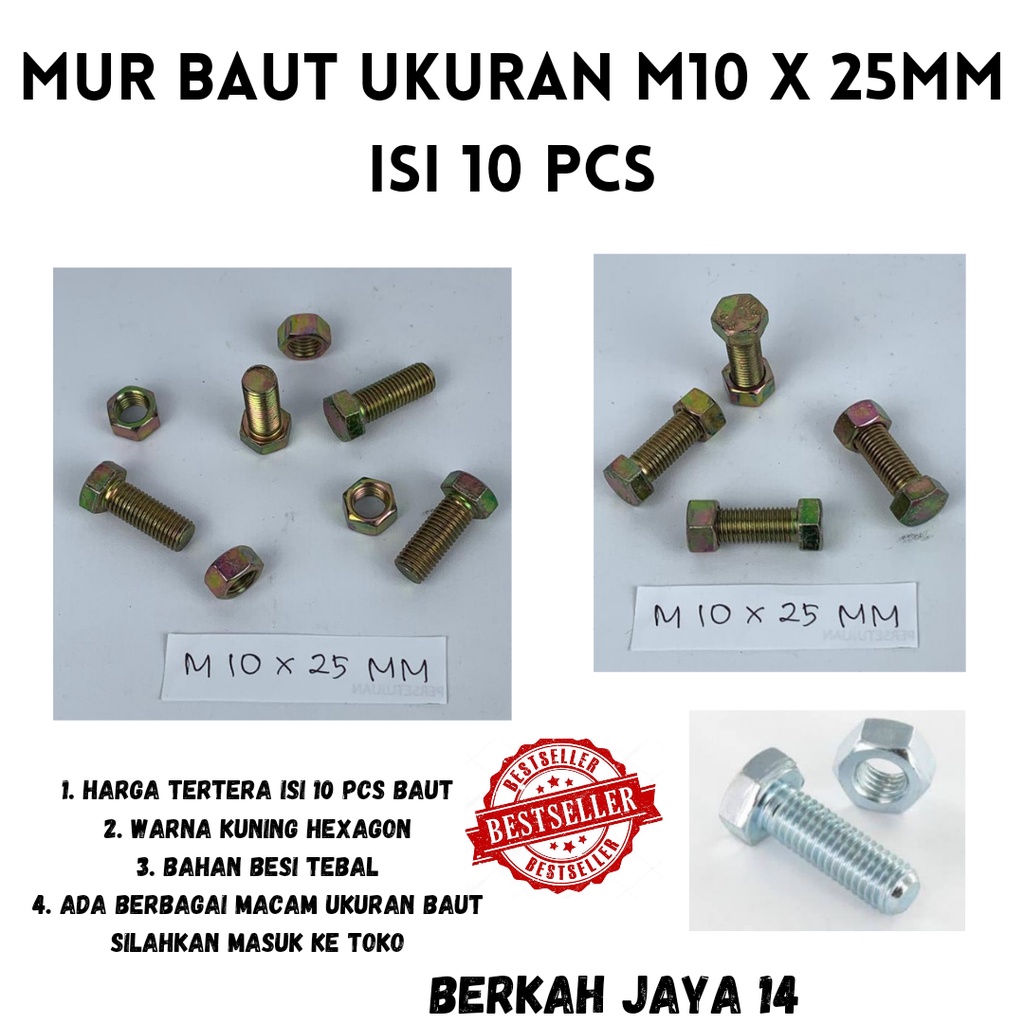 BAUT M10X25 MM ISI 10 PCS WARNA KUNING HEXAGON HEX BMK MUR BAHAN BESI TEBAL HARGA MURAH BERKUALITAS PROMO DISKON TERLARIS