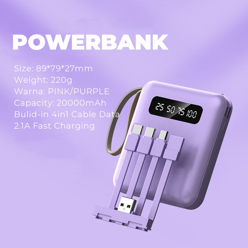 Power Bank 20000mAh Powerbank Fast Charging with 4in1 Kabel Data Real Capacity 4 Output 3 Input Tipe C Micro Lightning USB Pocket Size