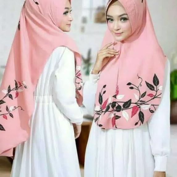 Hijab ORI Khimar Oval Printing Motif Daun Naura Syari - Navy