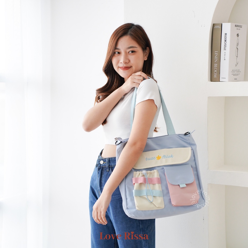 Tas Iris Tas Korean Style Tas Wanita Tas Selempang Tote Bag 2 in 1 Tas Sekolah Tas Cantik Lucu Solid Color Love Rissa