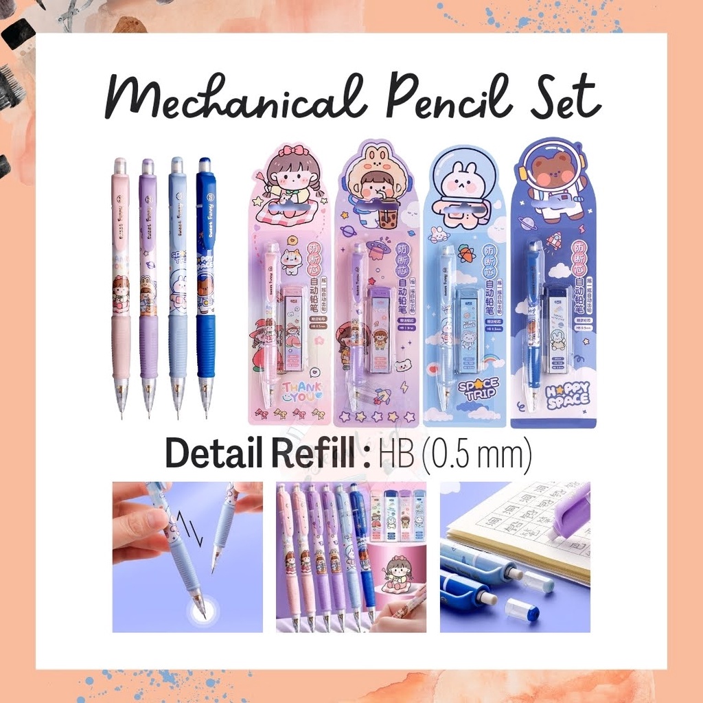 Pensil Mekanik Dengan Penghapus Set Dengan Isi Ulang Pensil HB 0.5 Berkualitas Nyaman Dengan Karet Anti Geser Untuk Anak Sekolah Cewek Cowok Lucu Model Kartun Alat Tulis Pensil Tekan Otomatis Mechanical Pencil Set For Elementary School