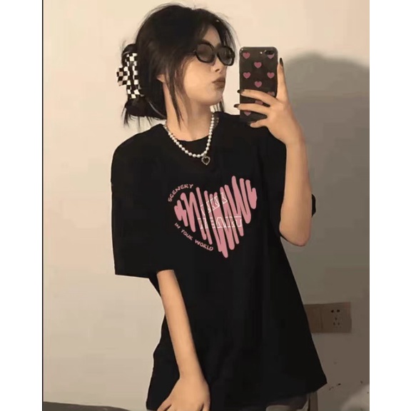 EUNII T-shirt Lengan Pendek Cartoon Graffiti Love Heart Korean Style/Kaos Atasan Wanita/Baju Kaus Oversize Wanita