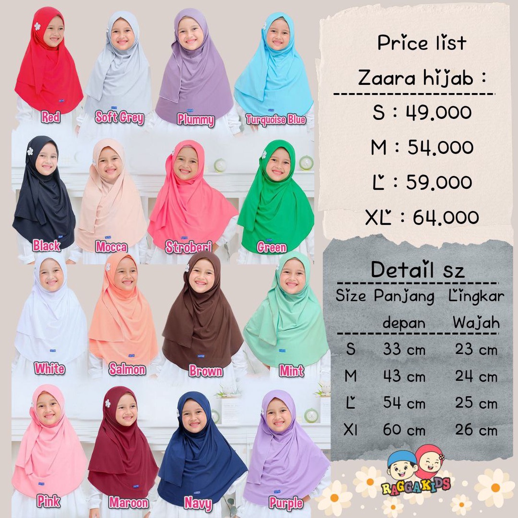 Bergo hijab instant Zaara Raggakids Jilbab anak instant Size L 6-11 tahun - Jilbab anak sekolah SD SMP SMA - jilbab anak putih manasik haji