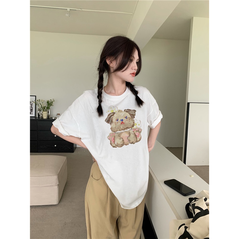 EUNII T-shirt Lengan Pendek Cartoon Oil Painting Dog Korean Style/Kaos Atasan Wanita/Baju Kaus Oversize Wanita