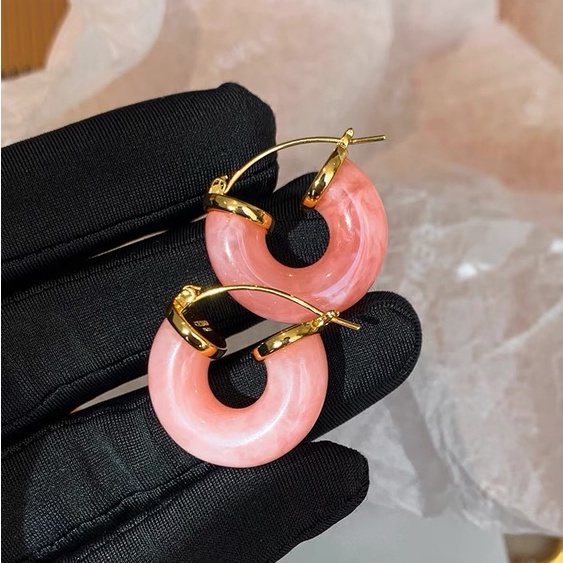 Anting 925 Silver Needle Bentuk U Desain Cherry Blossom Pink Bahan Resin Gaya Eropa Amerika Untuk Wanita