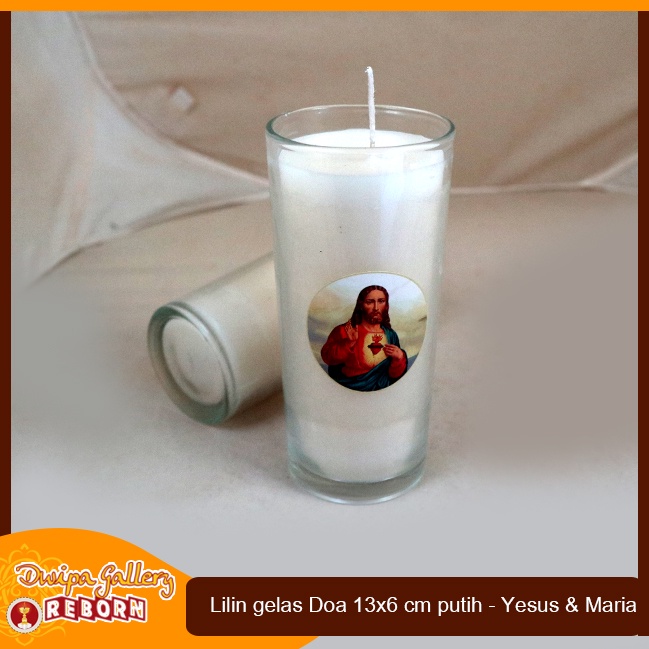 Lilin Doa Ruhani Gelas Yesus Maria Putih Lotus Stearin Wax 13 Cm 2