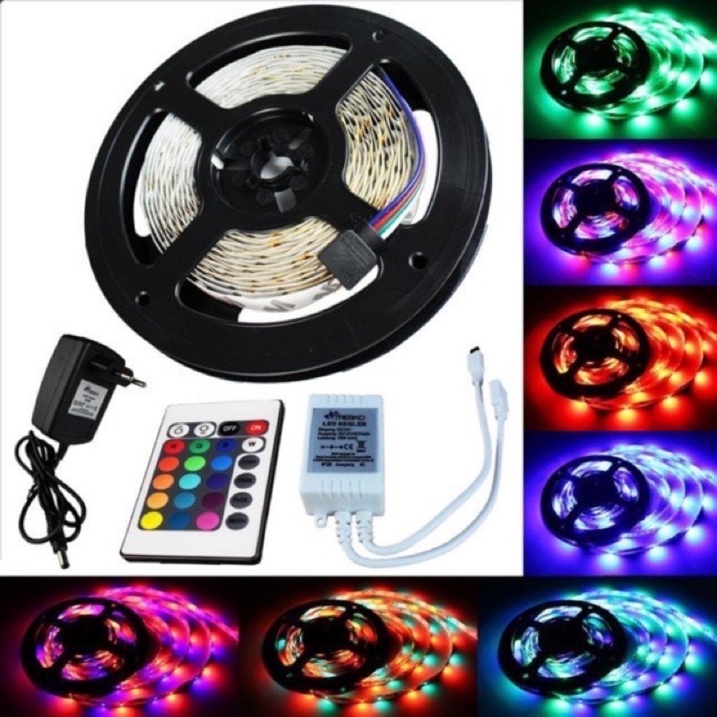 LED STRIP RGB IP44 2835 5050 5METER 5M 5 METER DC 12V KOMPLIT WARNA WARNI REMOTE CONTROL ADAPTOR