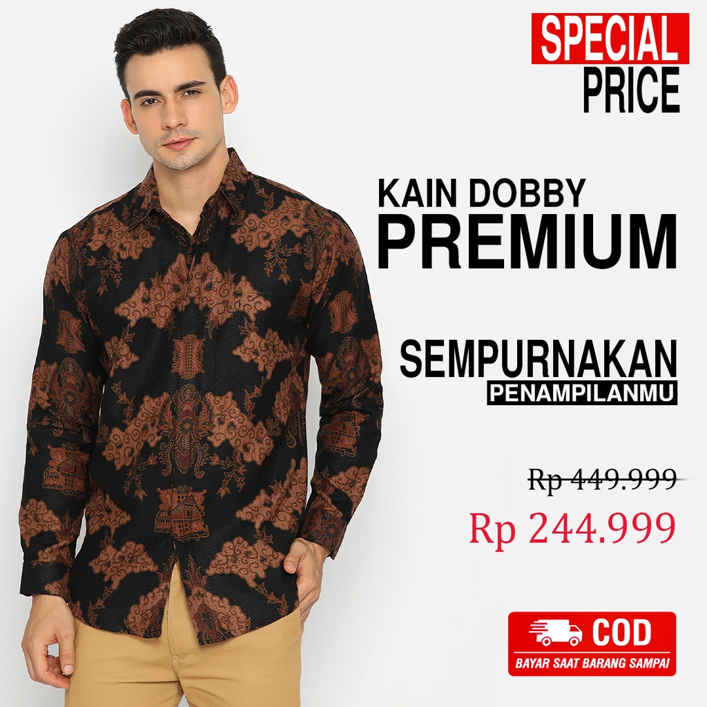 KEMEJA BATIK PRIA Hem Lengan Panjang Slimfit Premium Motf Elegant Warna Hitam Coklat 728311 Cap 72 - Baju Kemeja Atasan Pakaian Setelan Batik Pria Cowok Laki Laki Remaja Keluarga Kantor Lengan Panjang Modern Slimfit Slim Fit Premium Kekinian