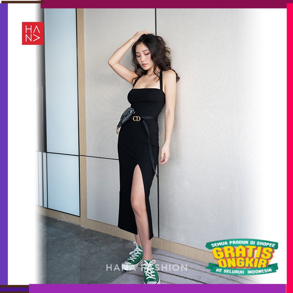DISKON GEDE AKHIR TAHUN [S - XXXL] HanaFashion - Kayla Midi Dress Hitam Bodycon Split Wanita - TT034