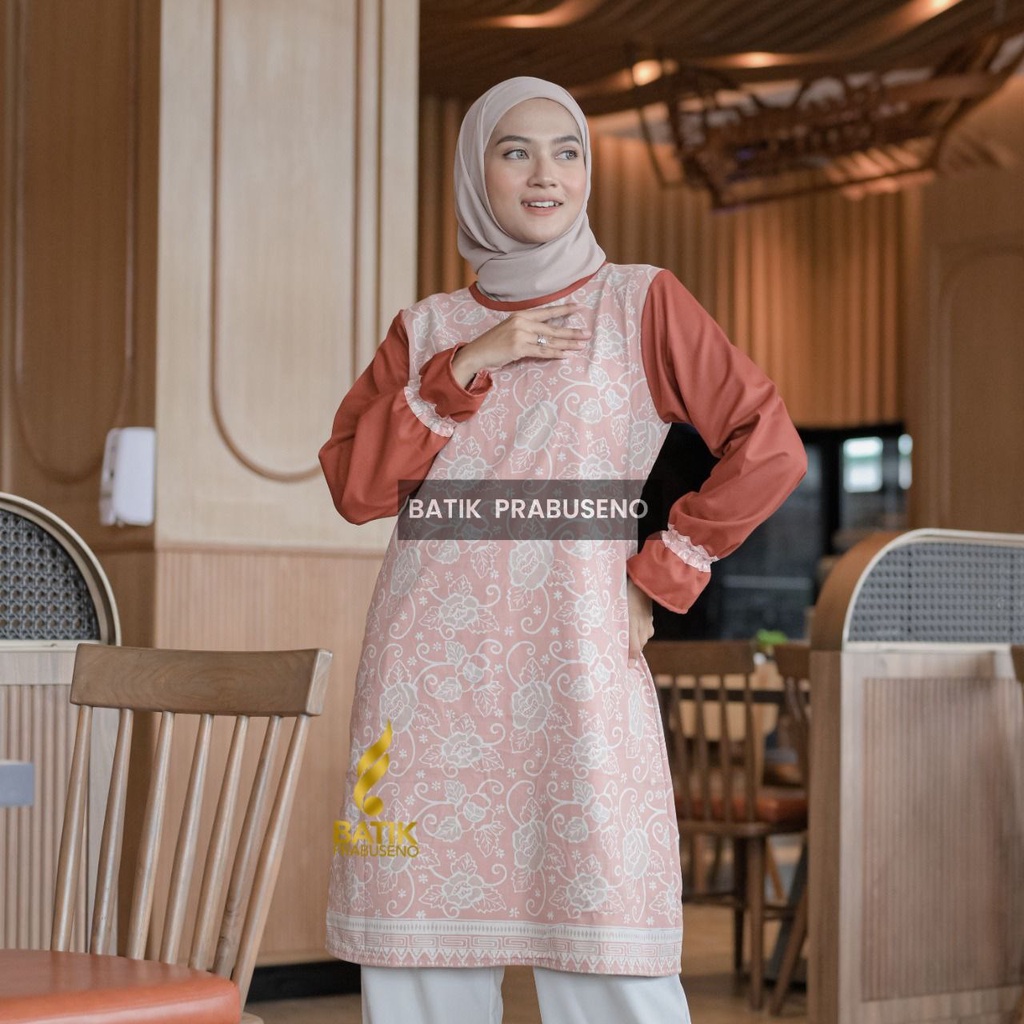 Tunik Motif Evinda Atasan Baju Batik Wanita Lengan Panjang Prabuseno Modern Premium Jumbo Big Size F