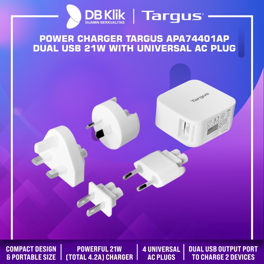 Power Charger Targus APA74401AP Dual USB 21W with Universal AC Plug