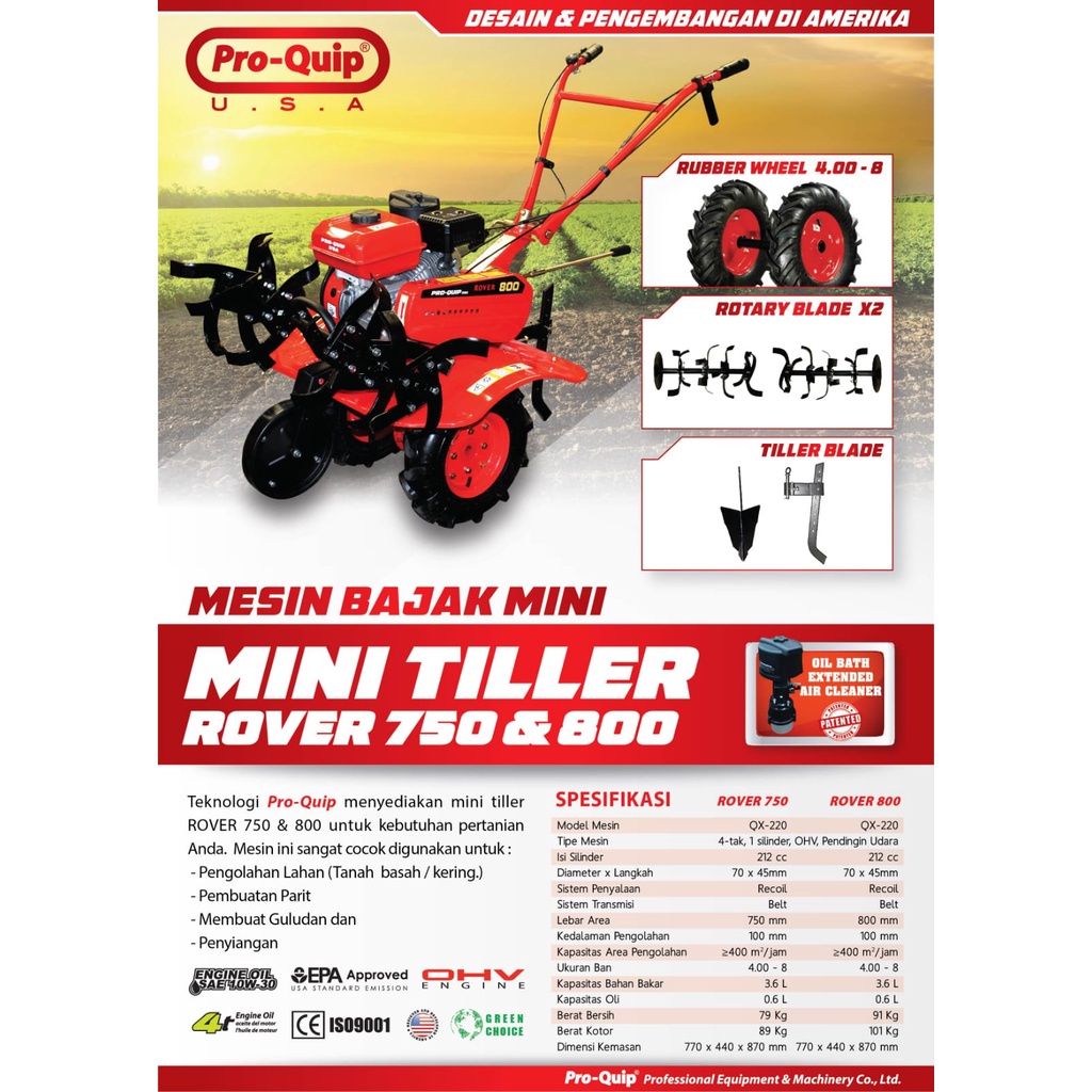 Mesin Traktor Mini Cultivator PROQUIP ROVER 800 / Mesin Bajak Sawah Basah Kering - Tiller Cultivator ROVER 800