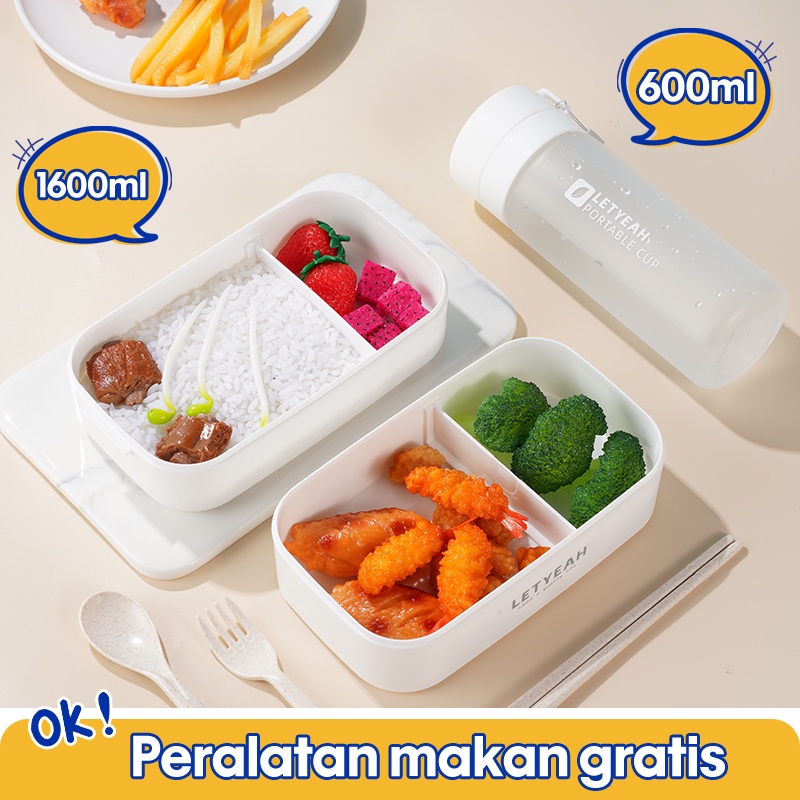 Letyeah &amp; Kaizenliving kotak makan set Tempat Makan Bekal 2 Layer Lunchbox Anti Tumpah Bocor BPA FREE botol minum 600ml