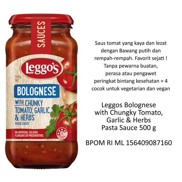 

LEGGO'S BOLOGNESE TOMATO, GARLIC & HERBS - SAUS PASTA 500GR