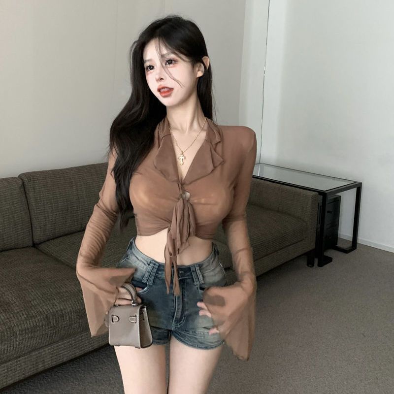 Red Warna Murni Mesh Lengan Panjang T-shirt Wanita Keinginan Murni Babes Seksi Perban Lengan Terompet Sedikit Transparan dan Tipis Pendek top In Pasang