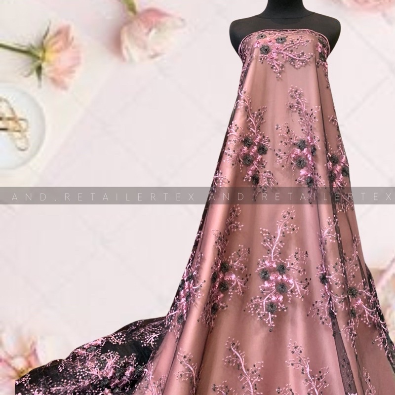 Bahan Kebaya Mewah Brokat Hitam Embroidery Stone Mutiara Athena 2 tone Dusty Pink