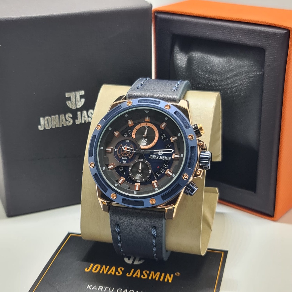 BEST SELLER JAM TANGAN PRIA JONAS JASMIN C195 TALI KULIT CHRONOGRAPH TANGGAL AKTIF DM 4.7CM FREE BOX &amp; BATERAI || JAM TANGAN FASHION PRIA JAM TANGAN COWOK MURAH