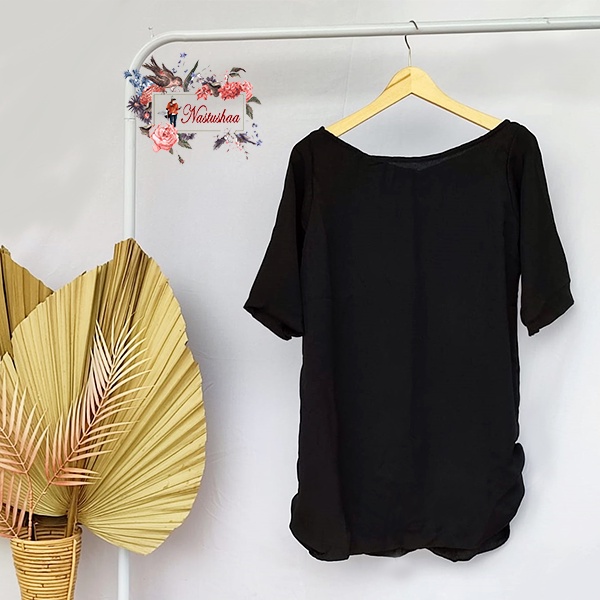 Blouse Wanita Bahan Wollycrepe Polos Hitam / Pakaian Wanita / Atasan Wanita / Blus Cewek Lengan Pendek Kerut Karet Bagian Bawah