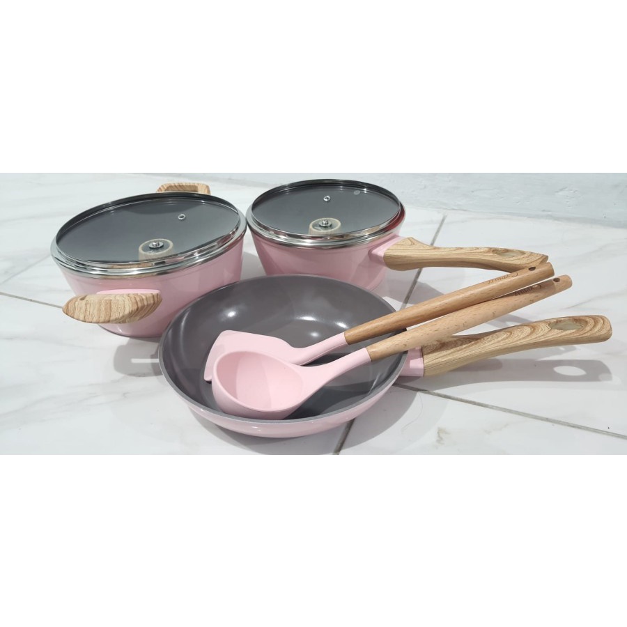 Cypruz PI-0924 Essential Pan Set Panci Spatula Pink Ceramic 7 pcs