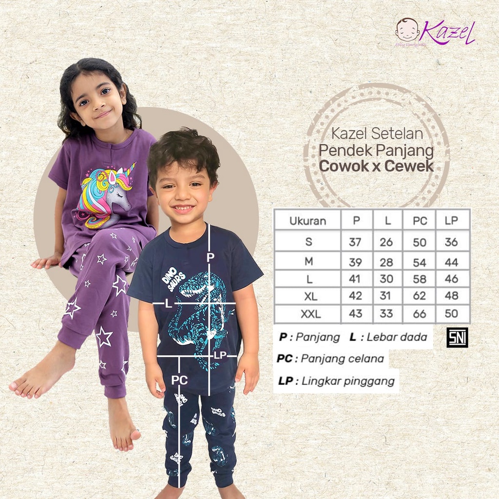 1 PCS KAZEL SETELAN PENDEK PANJANG DINO DAN UNICORN EDITION BAJU PENDEK CELANA PANJANG ANAK 1 - 6 TAHUN
